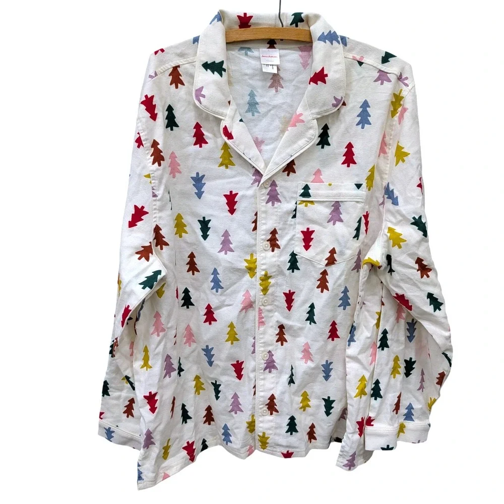 Hanna Andersson Holiday Flannel Pajama Top Festive Forest Ecru Christmas Tree- L
